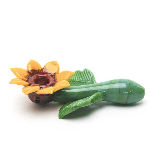Side profile of sunflower sherlock pipe showing yellow petals, green body, and side carb detail