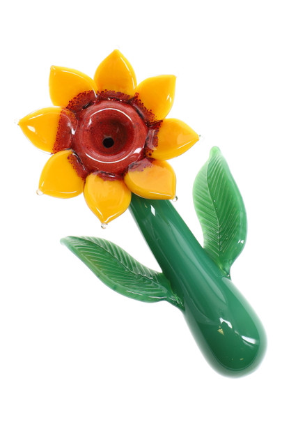 Sunflower sherlock pipe with yellow flower bowl, green stem body, and raised leaf details