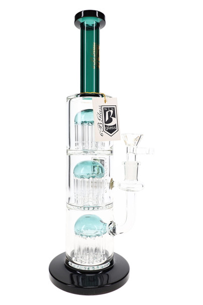 Teal-accented 12.5" 6B Glass stemless water pipe with stacked tree percs, 14.5 mm joint, bowl, and black base
