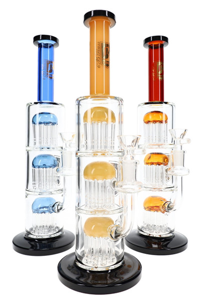 Three 12.5" 6B Glass stemless water pipes with stacked tree percs and blue, amber, and red glass accents