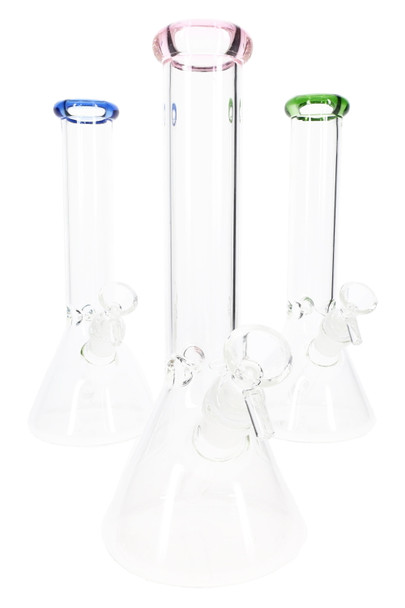 10" clear glass beaker water pipes with colored rims in pink, blue, and green, 5 mm thick with ice pinch; front group view for wholesale listings.