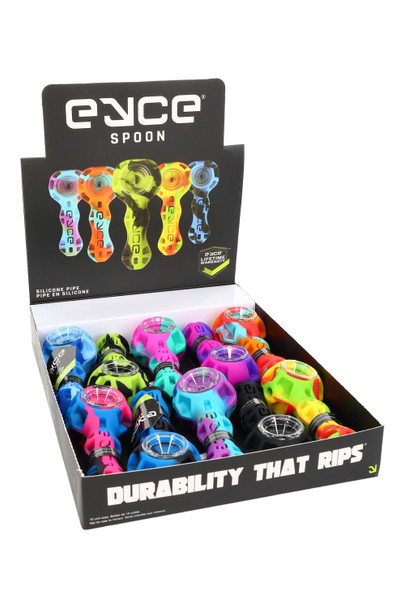 10-unit Eyce Spoon POP display, assorted silicone pipes with glass bowls; front angled counter view for head-shop wholesale merchandising. 10-unit Eyce Spoon POP display, assorted silicone pipes with glass bowls; front angled counter view for head-shop wholesale merchandising.