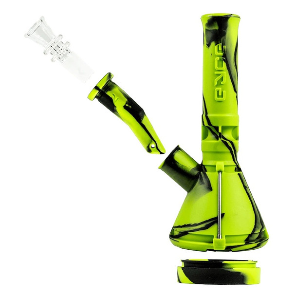 Green camo Eyce mini beaker shown disassembled with bowl, downstem, and base container for head shop supply