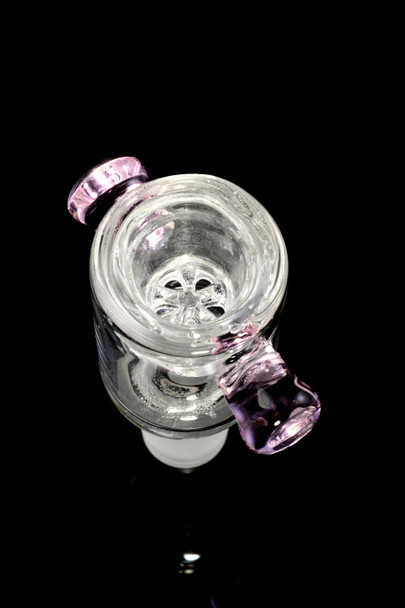 Wholesale 14.5 mm male GO-G screen bowl, clear glass with pink handle nub, angled top view on black background.