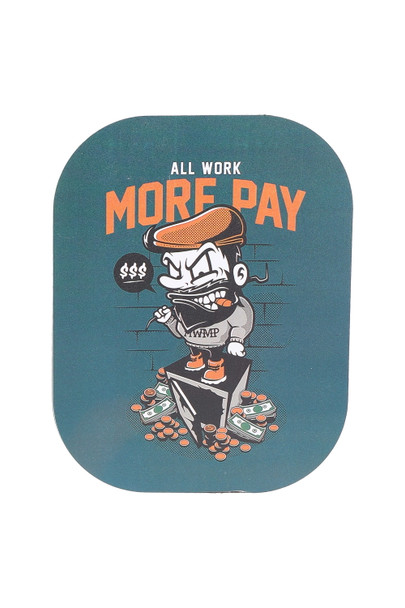 Small 7 x 5.5 inch metal rolling tray, teal cartoon design variant with rounded corners, overhead view for wholesale smoke-shop shelves