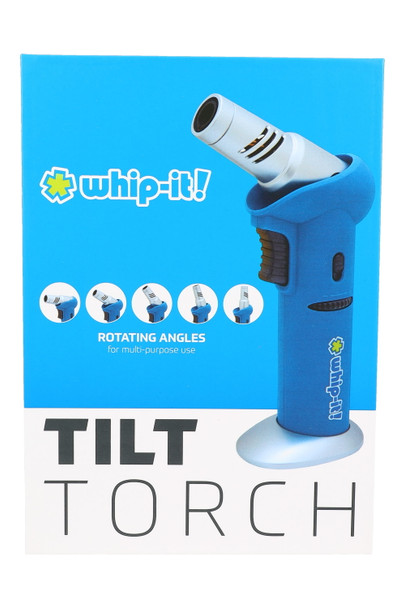 Whip-It Tilt torch lighter for wholesale orders, blue body with rotating nozzle; retail box front view with five-angle icons visible.