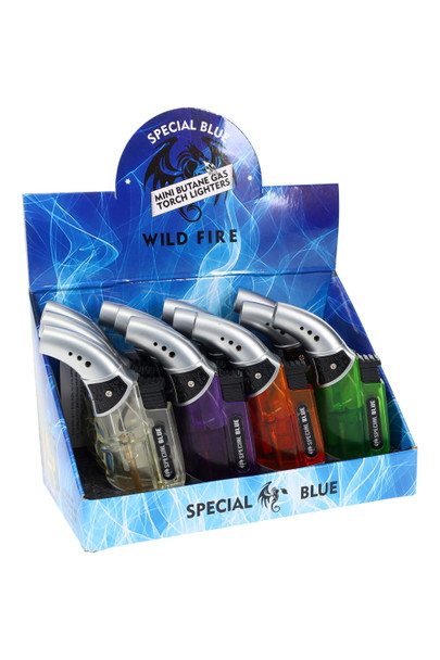 Wholesale display of refillable butane torch lighters for bulk purchase.