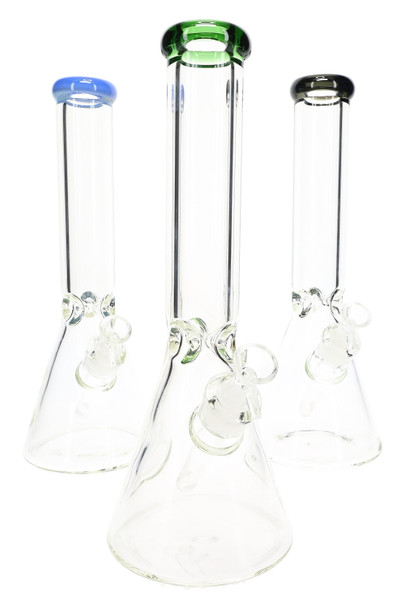 Wholesale 13″ 9 mm clear GoG beaker water pipe with ice pinch and 18.8 mm female joint, colored rim accents, front trio studio view on white.