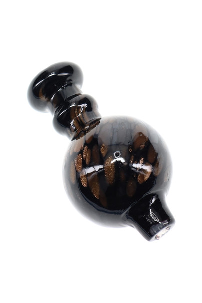 2.5" sparkly black glass bubble carb cap with copper dot accents, angled close-up for wholesale dab rig accessories and flat-top banger setups. 2.5" sparkly black glass bubble carb cap with copper dot accents, angled close-up for wholesale dab rig accessories and flat-top banger setups.