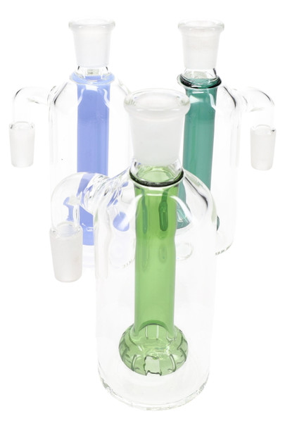 14.5 mm 90° glass ash catcher with frosted male and female joints and pink showerhead perc on black—clean, compact head-shop supplies upgrade.