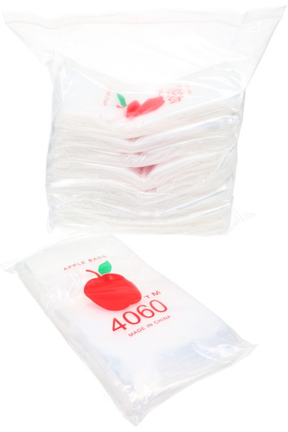 1000-count 4" × 6" clear baggies bundle with apple logo print, angled view for wholesale packaging supplies