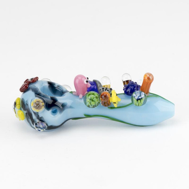 Small blue glass spoon pipe with Great Barrier Reef artwork and compact hand-pipe shape