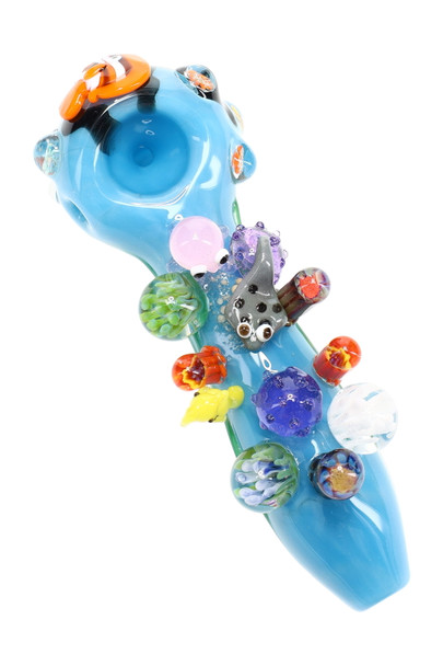 Blue 4" Great Barrier Reef spoon pipe with raised coral, fish, and ocean creature glass details