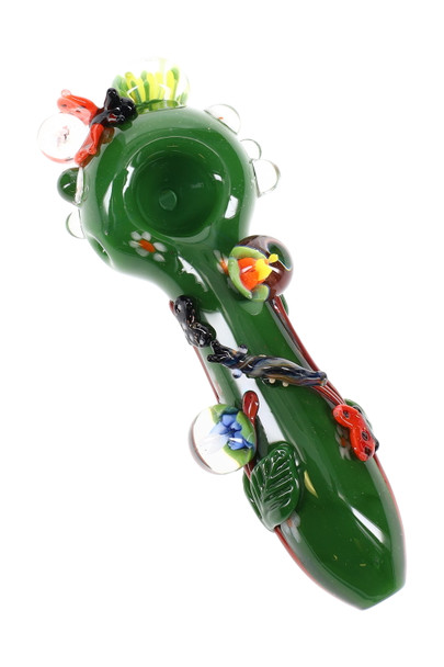 Top-down white-background shot for wholesale product pages—4.5" green garden spoon with bug appliqués, branch lines, and floral marbles.