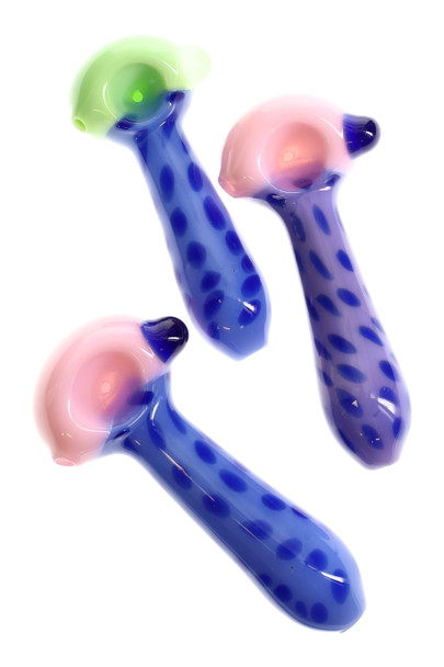 Trio of 4.5" multicolor bubble-dot glass spoon pipes with pink and green bowls, blue stems, overhead studio angle for wholesale head-shop catalogs Trio of 4.5" multicolor bubble-dot glass spoon pipes with pink and green bowls, blue stems, overhead studio angle for wholesale head-shop catalogs