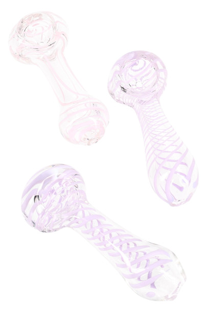 Wholesale neon-striped clear glass spoon pipes, 3.5-inch assorted pink and lavender spirals, group front view on white backdrop.