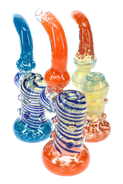 Four 7.5" glass sherlock bubblers with striped frit and side marbles, assorted colorways, angled group view for wholesale smoke shop buyers Four 7.5" glass sherlock bubblers with striped frit and side marbles, assorted colorways, angled group view for wholesale smoke shop buyers
