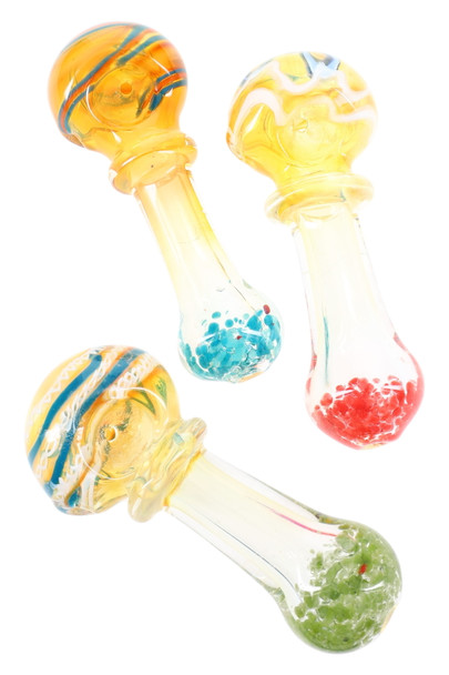 Three 4.5" color-changing frit glass spoons with multicolor striped bowls and clear glass ring accents; wholesale head-shop listing, angled studio view. Three 4.5" color-changing frit glass spoons with multicolor striped bowls and clear glass ring accents; wholesale head-shop listing, angled studio view.