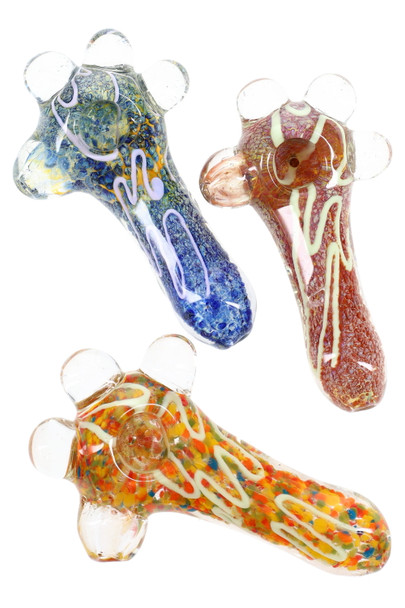 Top view of three 5" silver-fumed frit glass spoon pipes with white striping and marble grips, assorted colors for smoke shop wholesale displays.