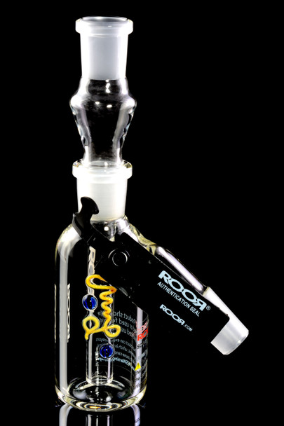 ROOR ash catcher with yellow logo ribbon and blue accent marbles, 90-degree joint visible, wholesale water-pipe component, front three-quarter view.