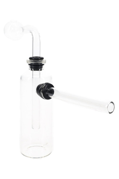 Clear glass oil burner rig with black grommets and side straw, front angle for wholesale head shop stock.