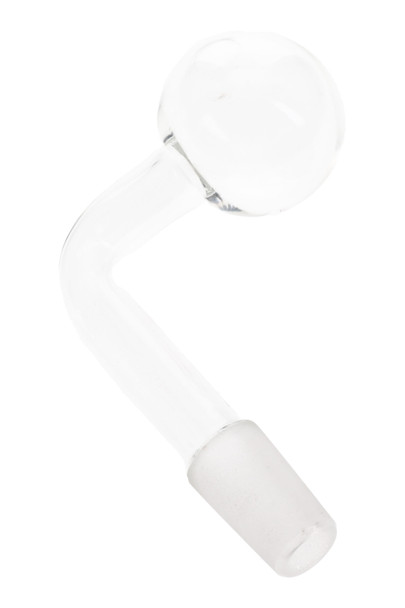 Clear 14.5 mm male glass oil burner attachment for wholesale smoke shop parts, L-shaped angled view