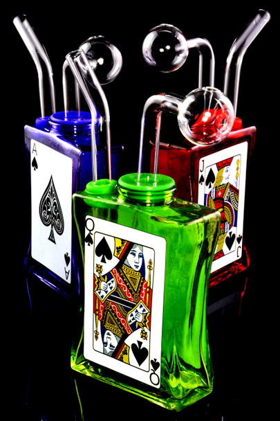 Blue, green, and red 4.5" poker card glass oil burner rigs with clear domes on black—wholesale head-shop trio, angled studio view.