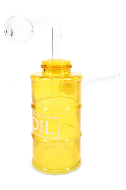 Yellow barrel-style glass oil burner rig with “OIL” decal and side straw, angled shot for B2B ordering.