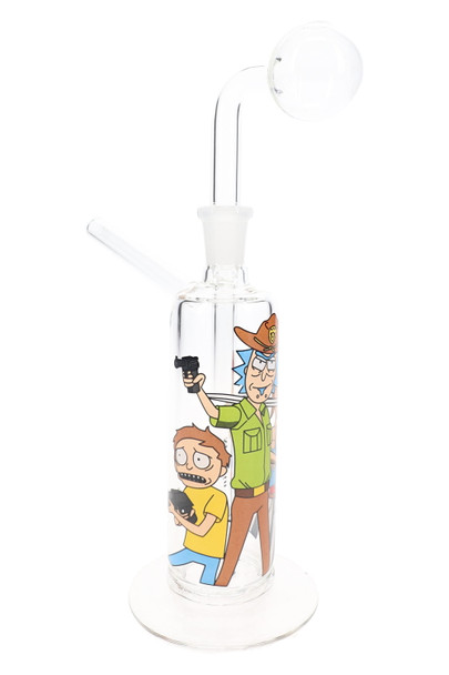 Side view of decal oil burner rig showing glass-on-glass connection and decorative graphics