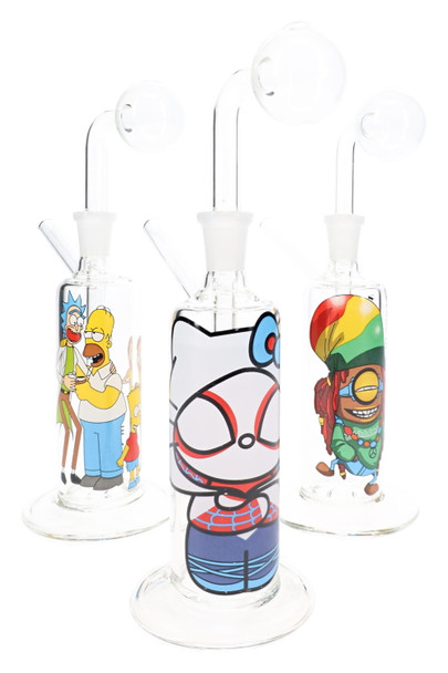 US-made glass-on-glass oil burner rig with colorful decal artwork and compact display-friendly design