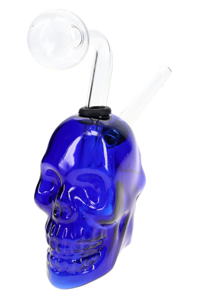 Blue 3.5" double-sided skull oil burner rig for wholesale head-shop supplies, side angled view