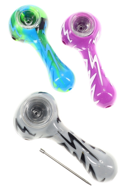 Wholesale ORAFLEX Switchback design silicone spoons, 4″ glass-look bodies in purple, grey and blue/green zig-zags, angled top view. Wholesale ORAFLEX Switchback design silicone spoons, 4″ glass-look bodies in purple, grey and blue/green zig-zags, angled top view.