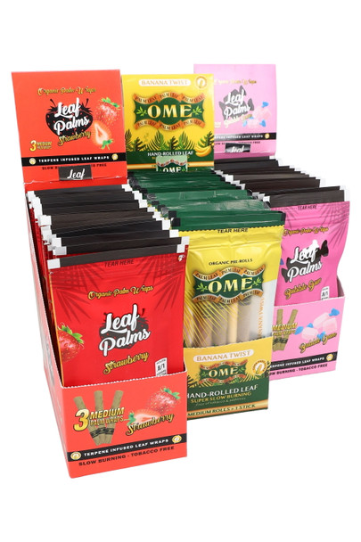 Wholesale palm leaf pre-rolls display, 15 pouches with resealable tops and header card, front view; medium 1 g rolls inside.