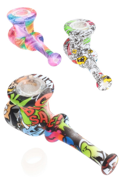 Colorful decal silicone hammer pipe with clear glass bowl and built-in stash jar; compact wholesale head-shop hand pipe, angled studio view on white.