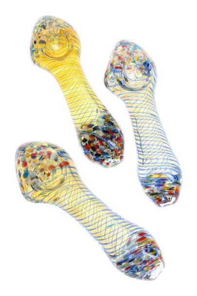 4" color-changing glass spoon pipe with blue lattice stripes and confetti frit bowl; three-piece top-down view for wholesale buyers on white background. 4" color-changing glass spoon pipe with blue lattice stripes and confetti frit bowl; three-piece top-down view for wholesale buyers on white background.