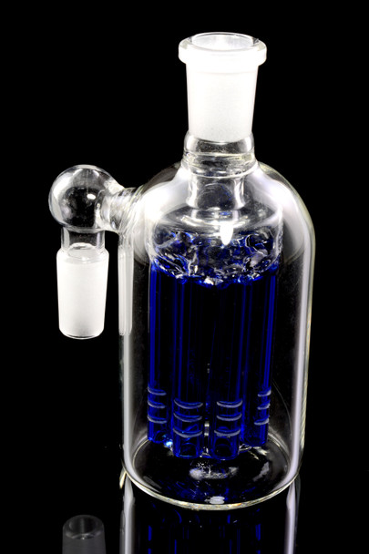 Blue-accent 14.5 mm 90° glass ash catcher showing eight-arm tree perc, frosted joints, head-shop supply, front three-quarter view.