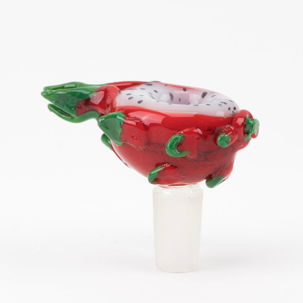 Retail smoke-shop dragon fruit bowl slide, 14.5 mm frosted male joint, speckled interior visible, left-side angle on white.