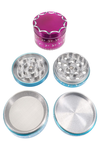 Colorful aluminum 4-part metal grinder, purple/blue variant, disassembled top-down with screen and pollen base for wholesale buyers.