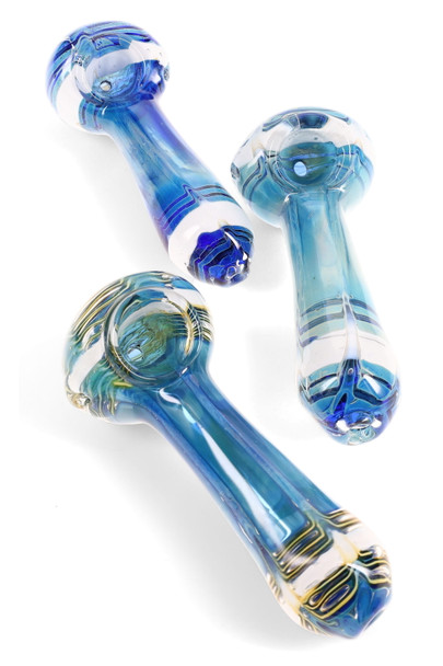 Blue 4.5" color-changing silver-fumed spoon pipe with multicolor stripe accents, angled studio view for wholesale head-shop buyers (assorted shades vary).