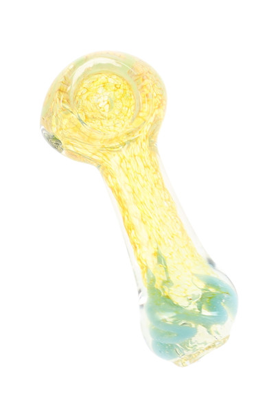 Small fumed color-changing glass spoon pipe with translucent golden finish, textured frit interior, rounded bowl, and aqua worked glass accent at the mouthpiece.