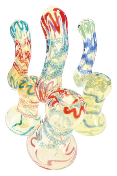 Assorted 5.5" color-changing striped Sherlock glass bubblers, three-piece group shot for wholesale smoke shop resale