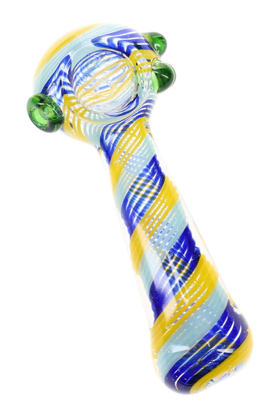 4.5" clear glass spoon pipe with blue, yellow, and light teal swirl stripes shown at an angled view