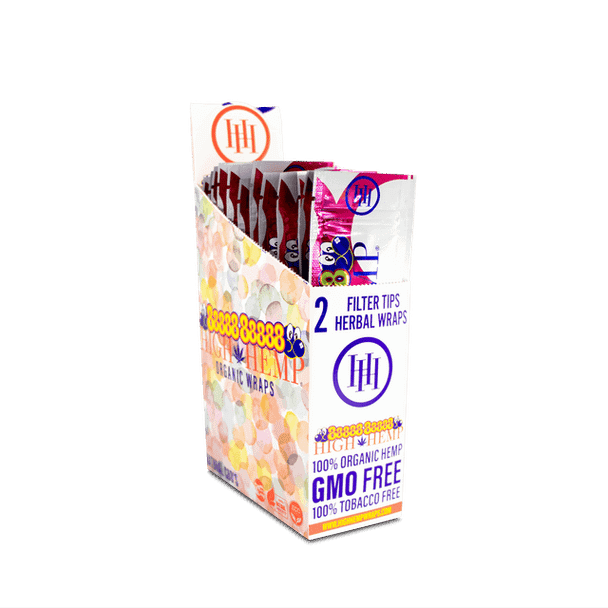 High Hemp bubble gum organic wraps display with colorful bubble patterns and pink-accented pouches