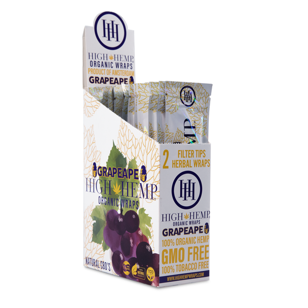 High Hemp Grape Ape organic wraps display with purple lettering and grape cluster artwork
