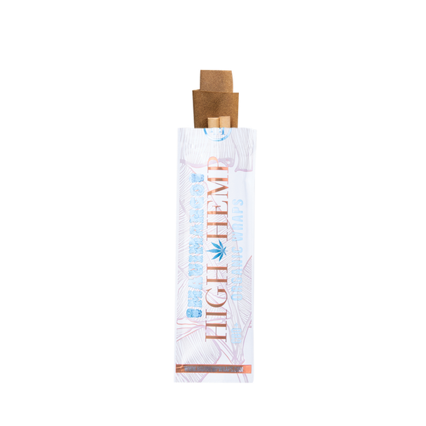 Open High Hemp Maui Mango pouch with two brown wraps and two filter tips extending from the top