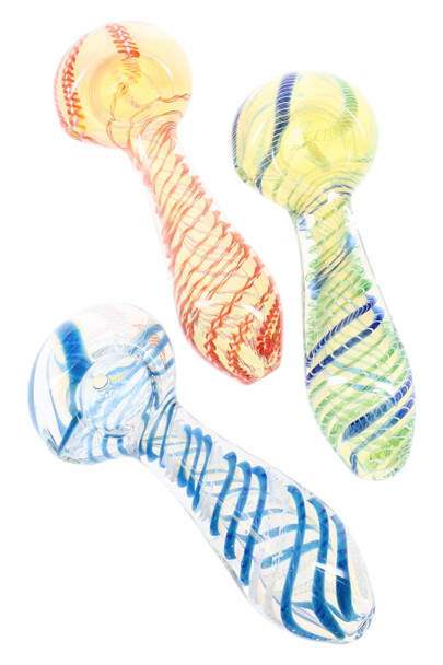 Wholesale 4" color-changing spiral-striped glass spoon pipes, assorted blue/green/yellow variants, high-angle trio product view for retail showcases.