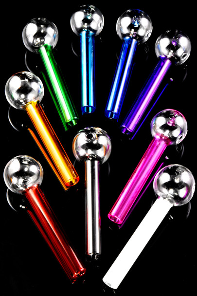 Assorted 4" US-made glass oil burner pipes in vivid rainbow stems—ideal wholesale smoke-shop restock.