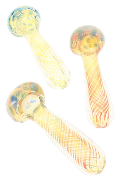 Three assorted 5" gold fumed glass spoon pipes with spiral stripe patterns and multicolor accents around the bowls