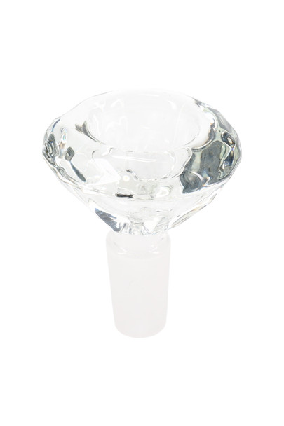 Clear 14.5 mm male glass-on-glass bowl with diamond-cut rim and frosted joint; straight product view for head-shop wholesale catalog pages. Clear 14.5 mm male glass-on-glass bowl with diamond-cut rim and frosted joint; straight product view for head-shop wholesale catalog pages.