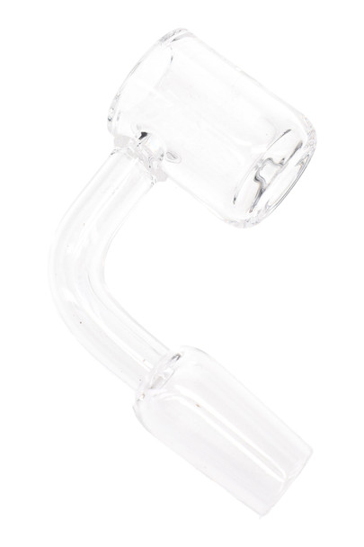 Clear domeless flat-top quartz banger with 4 mm bucket and male joint, studio white; wholesale dab rig accessory for smoke-shop buyers.
